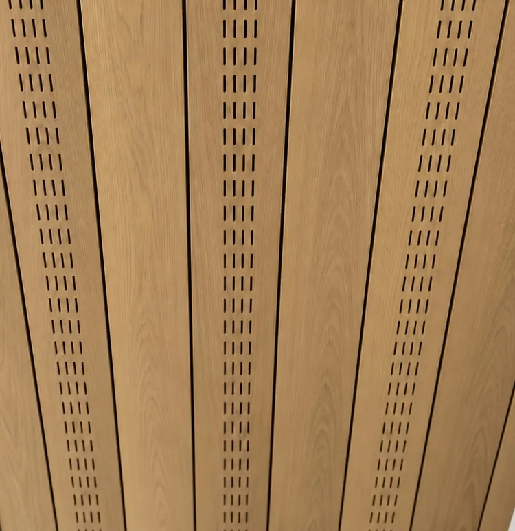 Vented soffit panels with a wood look finish
